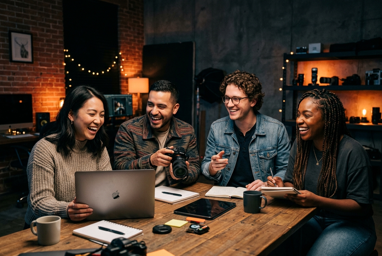 Diverse content creators collaborating